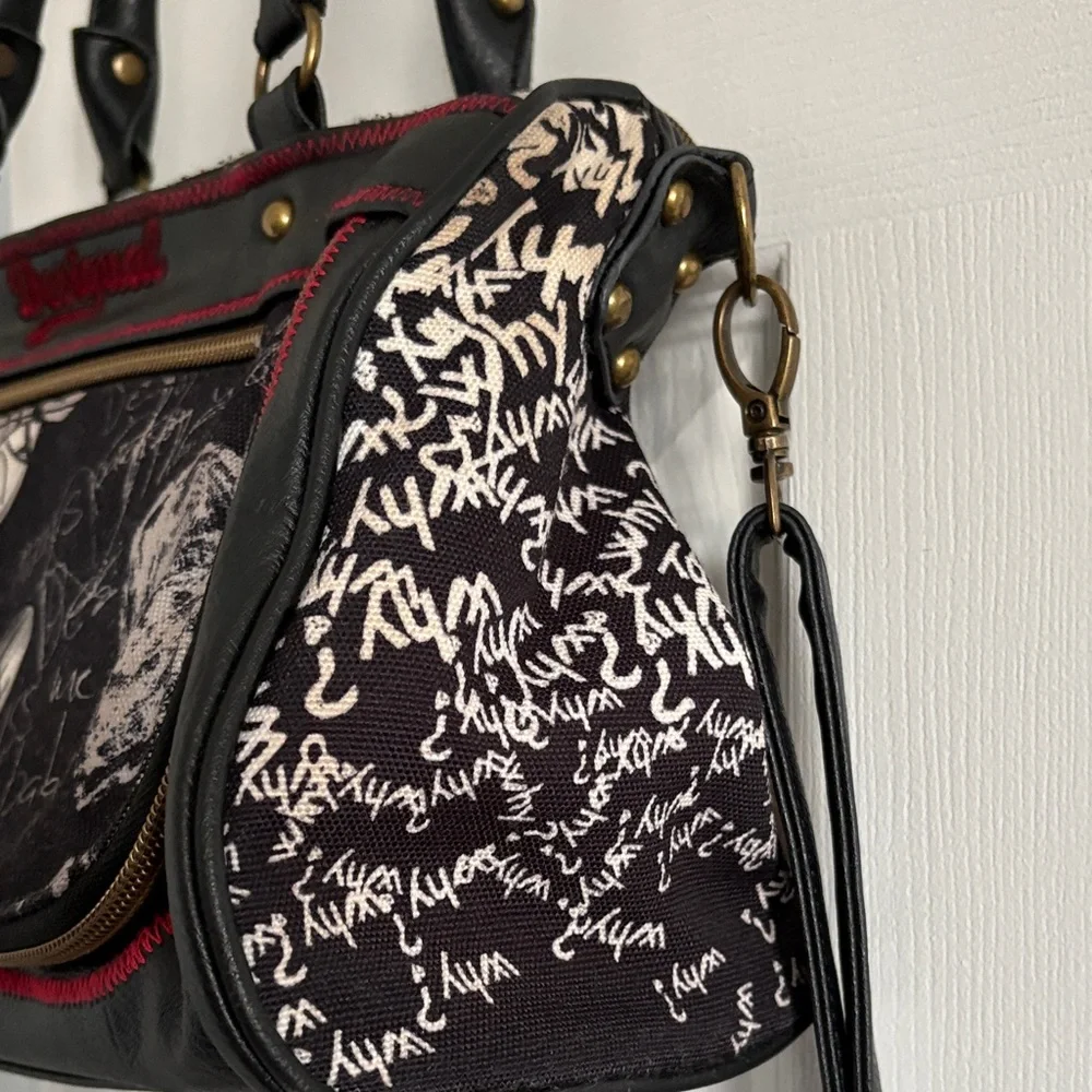 Desigual Black Satchel Red & White Floral Detail Top Handle w. Crossbody Strap